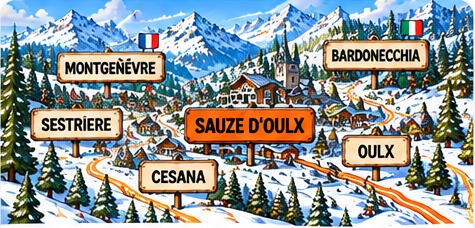Snowy Alpine resort and mountain road