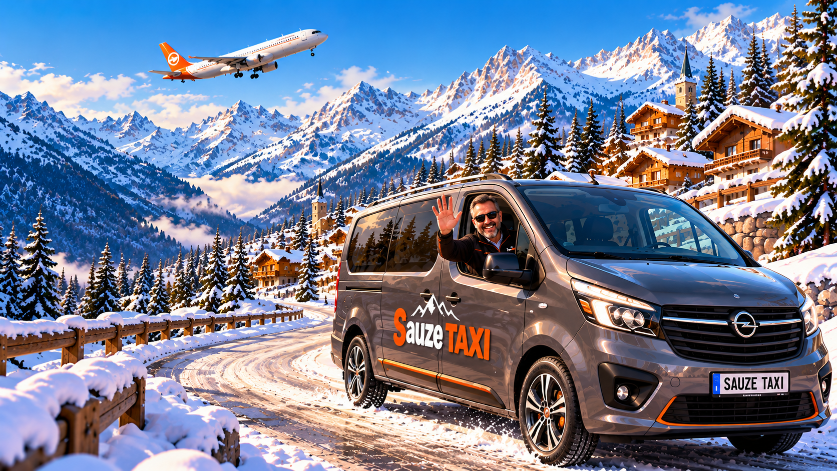 Sauze Taxi Opel Vivaro in the snowy Alps